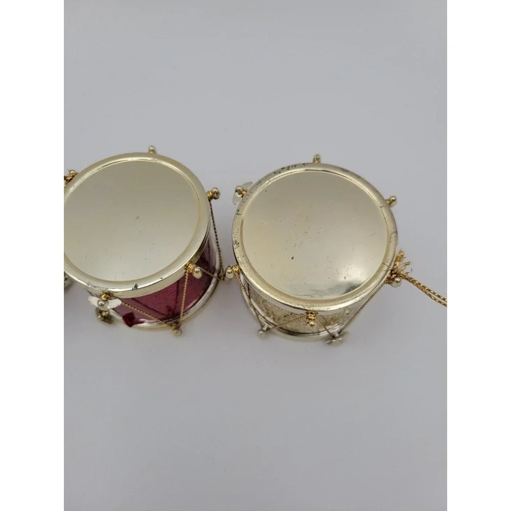 Vintage Lot Of 4 Glitter Drum Christmas‎ Ornaments Gold Red Silver Hanging